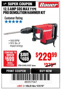 Harbor Freight Coupon BAUER 12.5 AMP SDS MAX TYPE PRO HAMMER KIT Lot No. 63440/63437 Expired: 12/2/18 - $229.99