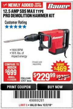Harbor Freight Coupon BAUER 12.5 AMP SDS MAX TYPE PRO HAMMER KIT Lot No. 63440/63437 Expired: 12/2/18 - $229.99