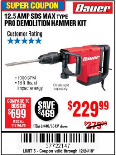 Harbor Freight Coupon BAUER 12.5 AMP SDS MAX TYPE PRO HAMMER KIT Lot No. 63440/63437 Expired: 12/24/18 - $229.99