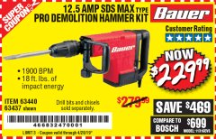 Harbor Freight Coupon BAUER 12.5 AMP SDS MAX TYPE PRO HAMMER KIT Lot No. 63440/63437 Expired: 4/20/19 - $229.99
