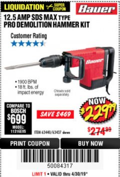 Harbor Freight Coupon BAUER 12.5 AMP SDS MAX TYPE PRO HAMMER KIT Lot No. 63440/63437 Expired: 4/30/19 - $229.99