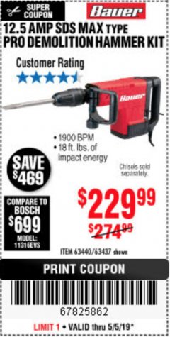 Harbor Freight Coupon BAUER 12.5 AMP SDS MAX TYPE PRO HAMMER KIT Lot No. 63440/63437 Expired: 5/5/19 - $229.99