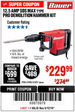 Harbor Freight Coupon BAUER 12.5 AMP SDS MAX TYPE PRO HAMMER KIT Lot No. 63440/63437 Expired: 5/12/19 - $229.99