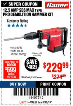 Harbor Freight Coupon BAUER 12.5 AMP SDS MAX TYPE PRO HAMMER KIT Lot No. 63440/63437 Expired: 6/30/19 - $229.99