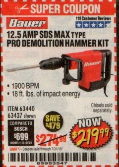 Harbor Freight Coupon BAUER 12.5 AMP SDS MAX TYPE PRO HAMMER KIT Lot No. 63440/63437 Expired: 7/31/19 - $219.99