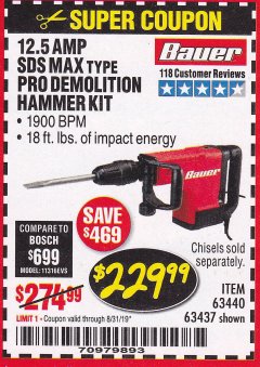 Harbor Freight Coupon BAUER 12.5 AMP SDS MAX TYPE PRO HAMMER KIT Lot No. 63440/63437 Expired: 8/31/19 - $229.99