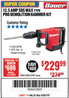 Harbor Freight Coupon BAUER 12.5 AMP SDS MAX TYPE PRO HAMMER KIT Lot No. 63440/63437 Expired: 8/26/19 - $229.99