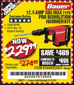 Harbor Freight Coupon BAUER 12.5 AMP SDS MAX TYPE PRO HAMMER KIT Lot No. 63440/63437 Expired: 12/14/19 - $229.99
