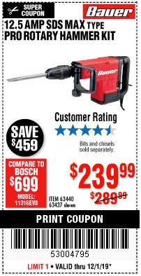 Harbor Freight Coupon BAUER 12.5 AMP SDS MAX TYPE PRO HAMMER KIT Lot No. 63440/63437 Expired: 12/1/19 - $239.99