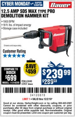 Harbor Freight Coupon BAUER 12.5 AMP SDS MAX TYPE PRO HAMMER KIT Lot No. 63440/63437 Expired: 12/2/19 - $239.99