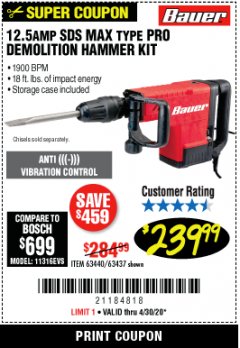 Harbor Freight Coupon BAUER 12.5 AMP SDS MAX TYPE PRO HAMMER KIT Lot No. 63440/63437 Expired: 6/30/20 - $239.99