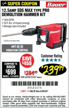Harbor Freight Coupon BAUER 12.5 AMP SDS MAX TYPE PRO HAMMER KIT Lot No. 63440/63437 Expired: 6/30/20 - $239.99