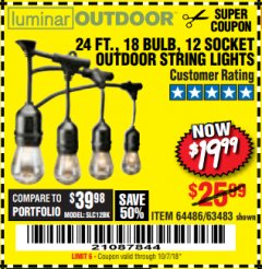 Harbor Freight Coupon 24 FT., 18 BULB, 12 SOCKET OUTDOOR STRING LIGHTS Lot No. 64486/63843/64739 Expired: 10/8/18 - $19.99