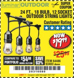Harbor Freight Coupon 24 FT., 18 BULB, 12 SOCKET OUTDOOR STRING LIGHTS Lot No. 64486/63843/64739 Expired: 10/1/18 - $19.99