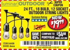 Harbor Freight Coupon 24 FT., 18 BULB, 12 SOCKET OUTDOOR STRING LIGHTS Lot No. 64486/63843/64739 Expired: 11/15/18 - $19.99