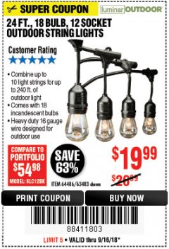 Harbor Freight Coupon 24 FT., 18 BULB, 12 SOCKET OUTDOOR STRING LIGHTS Lot No. 64486/63843/64739 Expired: 9/16/18 - $19.99