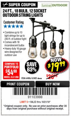 Harbor Freight Coupon 24 FT., 18 BULB, 12 SOCKET OUTDOOR STRING LIGHTS Lot No. 64486/63843/64739 Expired: 10/21/18 - $19.99