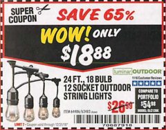 Harbor Freight Coupon 24 FT., 18 BULB, 12 SOCKET OUTDOOR STRING LIGHTS Lot No. 64486/63843/64739 Expired: 12/31/18 - $18.88