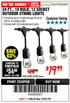 Harbor Freight Coupon 24 FT., 18 BULB, 12 SOCKET OUTDOOR STRING LIGHTS Lot No. 64486/63843/64739 Expired: 12/31/18 - $19.99