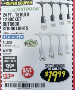 Harbor Freight Coupon 24 FT., 18 BULB, 12 SOCKET OUTDOOR STRING LIGHTS Lot No. 64486/63843/64739 Expired: 8/31/19 - $19.99