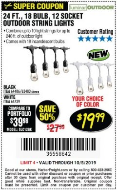 Harbor Freight Coupon 24 FT., 18 BULB, 12 SOCKET OUTDOOR STRING LIGHTS Lot No. 64486/63843/64739 Expired: 10/5/19 - $19.99