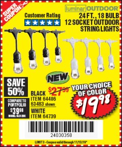 Harbor Freight Coupon 24 FT., 18 BULB, 12 SOCKET OUTDOOR STRING LIGHTS Lot No. 64486/63843/64739 Expired: 11/13/19 - $19.98