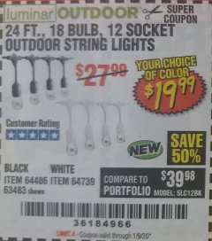 Harbor Freight Coupon 24 FT., 18 BULB, 12 SOCKET OUTDOOR STRING LIGHTS Lot No. 64486/63843/64739 Expired: 1/9/20 - $19.99