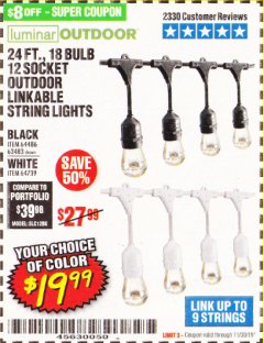 Harbor Freight Coupon 24 FT., 18 BULB, 12 SOCKET OUTDOOR STRING LIGHTS Lot No. 64486/63843/64739 Expired: 11/30/19 - $19.99