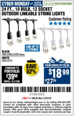 Harbor Freight Coupon 24 FT., 18 BULB, 12 SOCKET OUTDOOR STRING LIGHTS Lot No. 64486/63843/64739 Expired: 12/1/19 - $18.99
