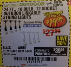 Harbor Freight Coupon 24 FT., 18 BULB, 12 SOCKET OUTDOOR STRING LIGHTS Lot No. 64486/63843/64739 Expired: 2/20/20 - $19.99