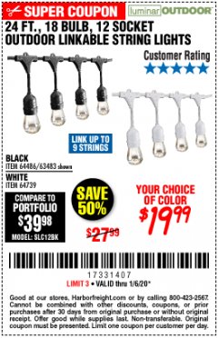 Harbor Freight Coupon 24 FT., 18 BULB, 12 SOCKET OUTDOOR STRING LIGHTS Lot No. 64486/63843/64739 Expired: 1/6/20 - $19.99