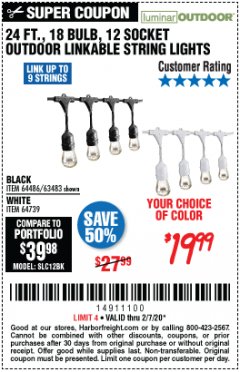 Harbor Freight Coupon 24 FT., 18 BULB, 12 SOCKET OUTDOOR STRING LIGHTS Lot No. 64486/63843/64739 Expired: 2/7/20 - $24.99