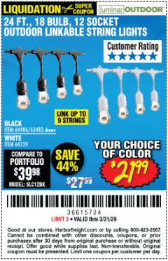 Harbor Freight Coupon 24 FT., 18 BULB, 12 SOCKET OUTDOOR STRING LIGHTS Lot No. 64486/63843/64739 Expired: 3/31/20 - $21.99