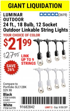 Harbor Freight Coupon 24 FT., 18 BULB, 12 SOCKET OUTDOOR STRING LIGHTS Lot No. 64486/63843/64739 Expired: 9/30/20 - $21.99
