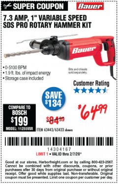 Harbor Freight Coupon 7.3 AMP, 1" SDS PRO ROTARY HAMMER KIT Lot No. 63443/63433 Expired: 2/7/20 - $64.99
