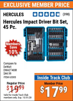 Harbor Freight ITC Coupon HERCULES 45 PIECE IMPACT DRILL AND DRIVER BIT SET Lot No. 63383 Expired: 10/31/20 - $17.99