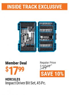 Harbor Freight ITC Coupon HERCULES 45 PIECE IMPACT DRILL AND DRIVER BIT SET Lot No. 63383 Expired: 4/29/21 - $17.99