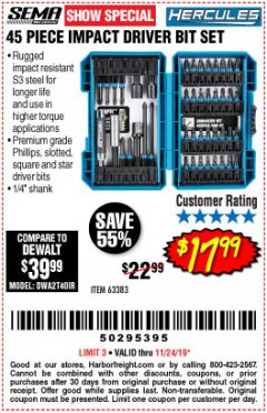 Harbor Freight Coupon HERCULES 45 PIECE IMPACT DRILL AND DRIVER BIT SET Lot No. 63383 Expired: 11/24/19 - $17.99
