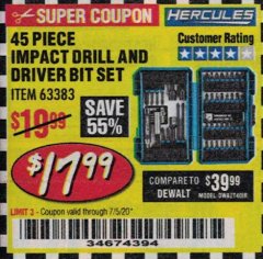 Harbor Freight Coupon HERCULES 45 PIECE IMPACT DRILL AND DRIVER BIT SET Lot No. 63383 Expired: 7/5/20 - $17.99