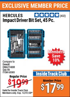 Harbor Freight ITC Coupon HERCULES 45 PIECE IMPACT DRILL AND DRIVER BIT SET Lot No. 63383 Expired: 12/31/20 - $17.99