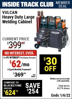 Harbor Freight ITC Coupon VULCAN COMMERCIAL QUALITY HEAVY DUTY WELDING CABINET Lot No. 63179 Expired: 1/6/22 - $369.99