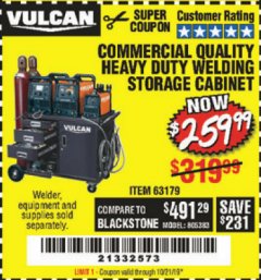 Harbor Freight Coupon VULCAN COMMERCIAL QUALITY HEAVY DUTY WELDING CABINET Lot No. 63179 Expired: 10/21/19 - $259.99