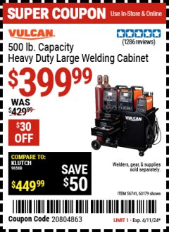 Harbor Freight Coupon VULCAN COMMERCIAL QUALITY HEAVY DUTY WELDING CABINET Lot No. 63179 Expired: 4/11/24 - $399.99