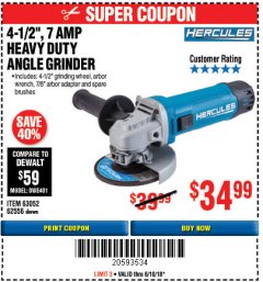 Harbor Freight Coupon HERCULES 4-1/2" ANGLE GRINDER MODEL HE61S Lot No. 63052/62556 Expired: 6/10/18 - $34.99