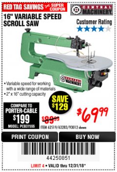 Harbor Freight Coupon CENTRAL MACHINERY 16" VARIABLE SPEED SCROLL SAW Lot No. 62519/63283/93012 Expired: 12/31/18 - $69.99