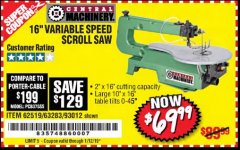 Harbor Freight Coupon CENTRAL MACHINERY 16" VARIABLE SPEED SCROLL SAW Lot No. 62519/63283/93012 Expired: 1/12/19 - $69.99