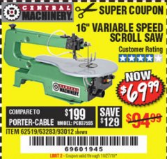 Harbor Freight Coupon CENTRAL MACHINERY 16" VARIABLE SPEED SCROLL SAW Lot No. 62519/63283/93012 Expired: 10/27/19 - $69.99