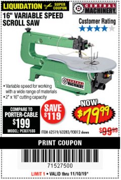 Harbor Freight Coupon CENTRAL MACHINERY 16" VARIABLE SPEED SCROLL SAW Lot No. 62519/63283/93012 Expired: 11/10/19 - $79.99