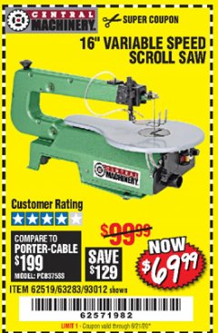 Harbor Freight Coupon CENTRAL MACHINERY 16" VARIABLE SPEED SCROLL SAW Lot No. 62519/63283/93012 Expired: 6/21/20 - $69.99