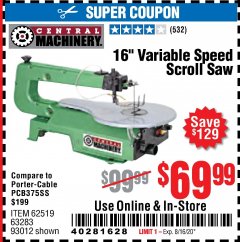 Harbor Freight Coupon CENTRAL MACHINERY 16" VARIABLE SPEED SCROLL SAW Lot No. 62519/63283/93012 Expired: 8/16/20 - $69.99